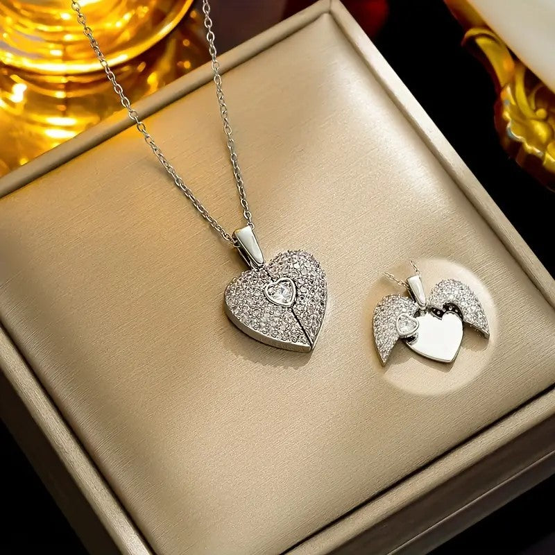 Love Heart Pendant Necklace with Sparkling Rhinestones for Men and Women