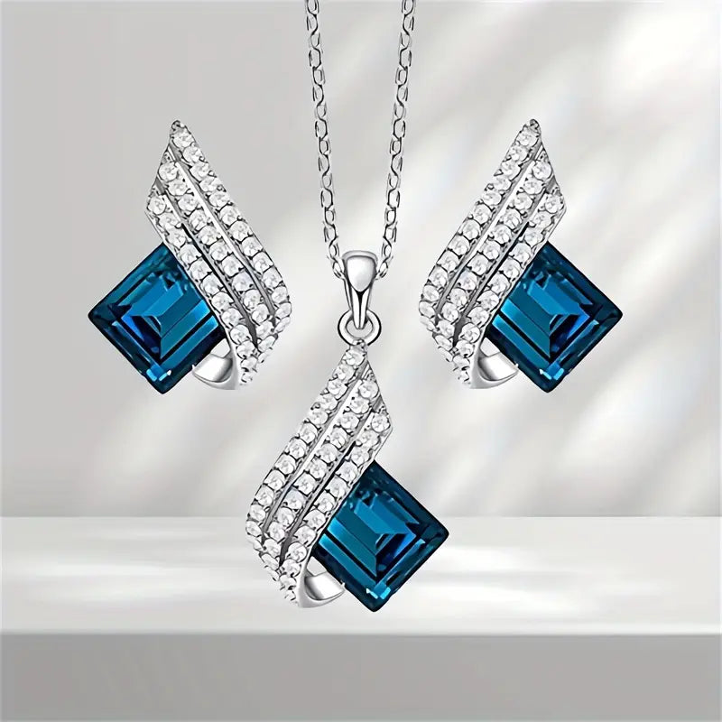 Elegant Blue White Angel Wings Pendant Necklace and Earrings Set for Women