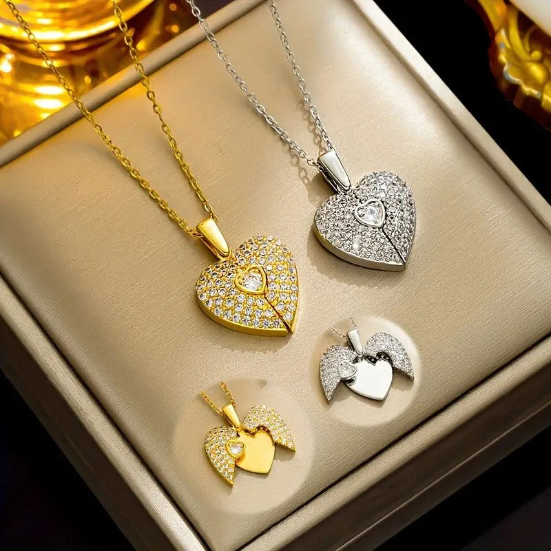 Love Heart Pendant Necklace with Sparkling Rhinestones for Men and Women