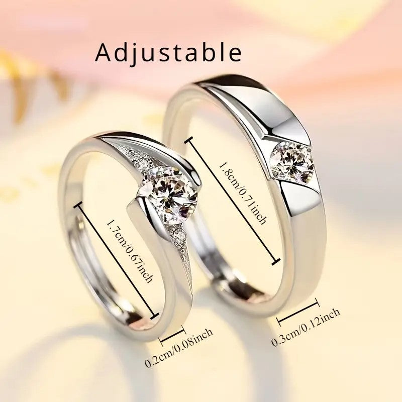 Couple Ring Set with Glass Stone, Elegant Adjustable Ring for Men and Women