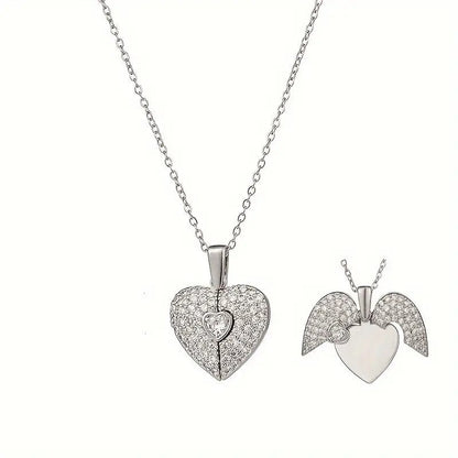 Love Heart Pendant Necklace with Sparkling Rhinestones for Men and Women