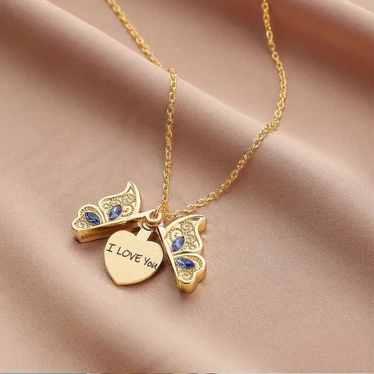 Fashion Openable Butterfly Love Lady Pendant Necklace Engraved I Love You