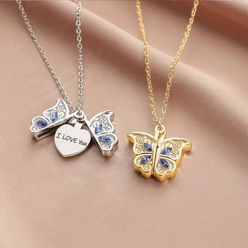 Fashion Openable Butterfly Love Lady Pendant Necklace Engraved I Love You